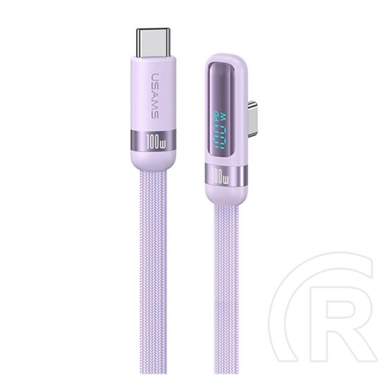 Usams us-sj653 adatkábel (type-c - type-c, 100w, gyorstöltő, 90 fokos, cipőfűző, led kijelző, 120cm) lila