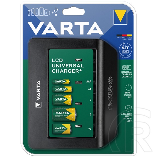 Varta LCD Universal Charger+ akkutöltő (AA/AAA/C/D/9V elem kompatibilis, led kijelző, fekete)