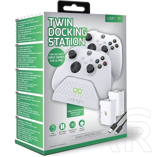 Venom Xbox Series S/X, One dupla töltőállomás (2 db 850 mAh akkumulátor, USB táp, 2 m kábel, további USB kimenet, fehér)