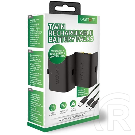 Venom Xbox Series S/X és One akkucsomag (1100 mAh, 2 db akkumulátor, 3 m töltőkábel, fekete, VS2882)