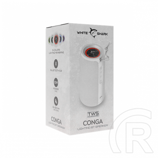 White Shark Conga bluetooth hordozható hangszóró (v5.0, 1800 mAh belső akku, 10 W, TWS, 4-6 óra, fehér)