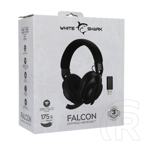 White Shark Falcon-B GH-2441B vezeték nélküli gamer fejhallgató sztereo (mikrofon, USB-C töltés, 3,5 mm jack, 40 mm, fek