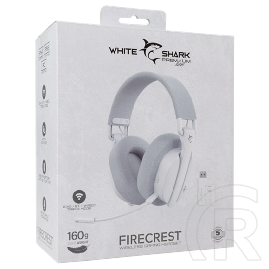 White Shark Firecrest-W WGH-2444W vezeték nélküli gamer fejhallgató (fehér, mikrofon, Bluetooth, 3,5 mm jack, 40 mm, 20