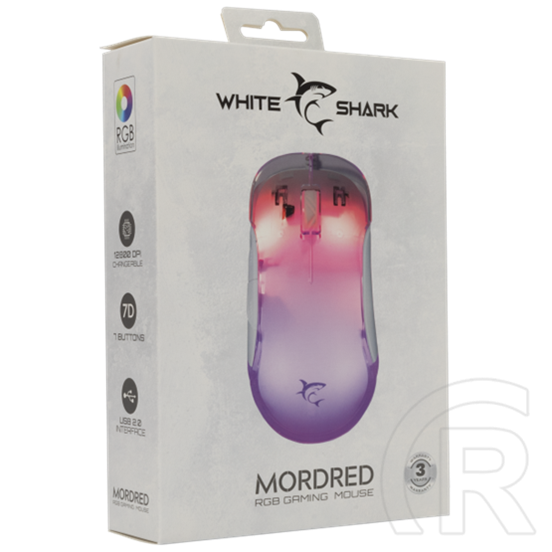 White Shark Mordred-W gamer egér (vezetékes, optikai, 7 gomb, 12000 DPI, USB 2.0, RGB, fehér)