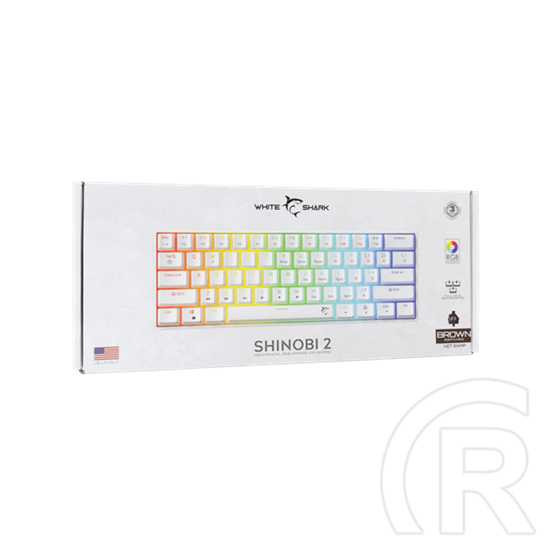 White Shark SHINOBI-2 billentyűzet (61, mechanikus, barna kapcsolók, hot-swap, RGB, vezetékes, angol, fehér)