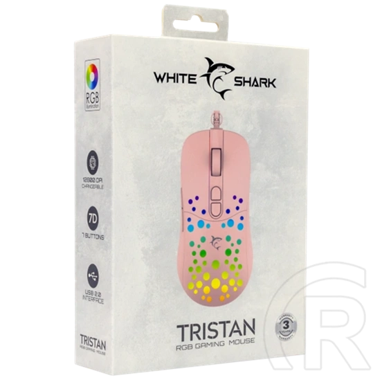 White Shark Tristan-P egér (vezetékes, optikai, 7 gomb, 12000 DPI, RGB, rózsaszín)