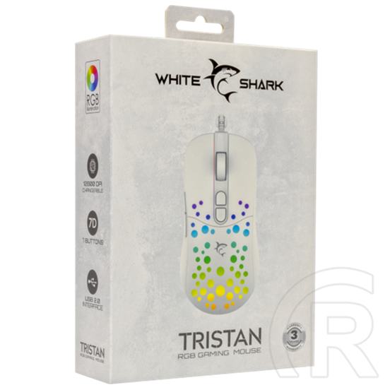 White Shark Tristan W GM-9004W gamer egér (vezetékes, optikai, 7 gomb, 12000 DPI, RGB, fehér)