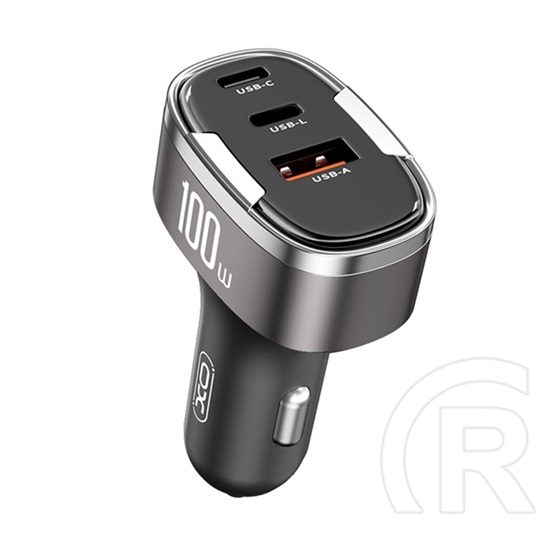 XO cc61 autós töltő usb+2 type-c aljzat (100w, pd gyorstöltő + lightning kábel) világosszürke