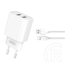 XO ce02c hálózati töltő 2 usb aljzat (10.5w, gyorstöltő + microusb kábel) fehér