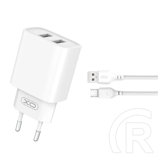XO ce02c hálózati töltő 2 usb aljzat (10.5w, gyorstöltő + microusb kábel) fehér