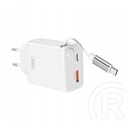 XO ce31 hálózati töltő usb+type-c aljzat (30w, pd gyorstöltő 3.0 + fix csévélhető type-c kábel) fehér