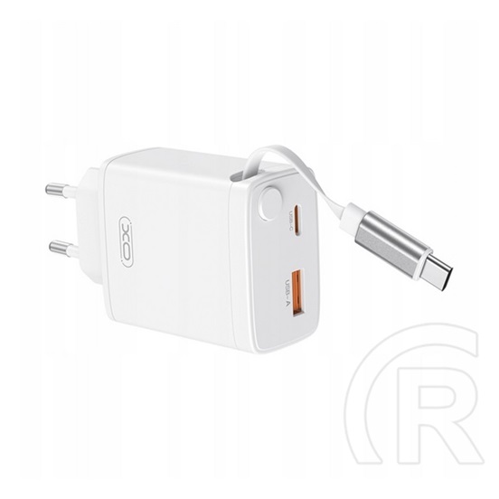 XO ce31 hálózati töltő usb+type-c aljzat (30w, pd gyorstöltő 3.0 + fix csévélhető type-c kábel) fehér
