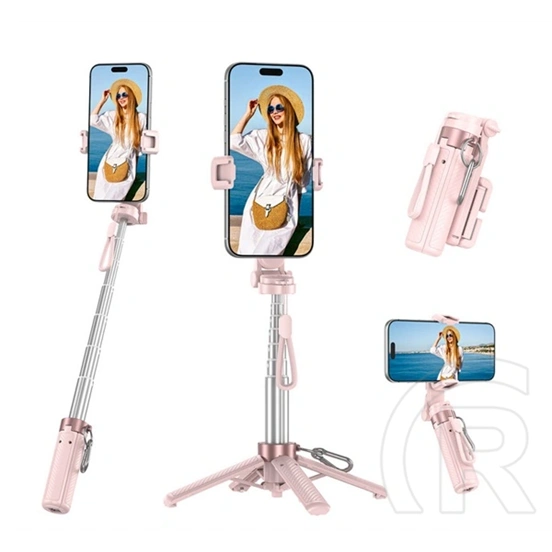 XO ss29 szelfibot (univerzális, 360°, tripod állvány, állítható, bluetooth távkioldó, 64cm, 4.7-6.9" méret) rózsaszín