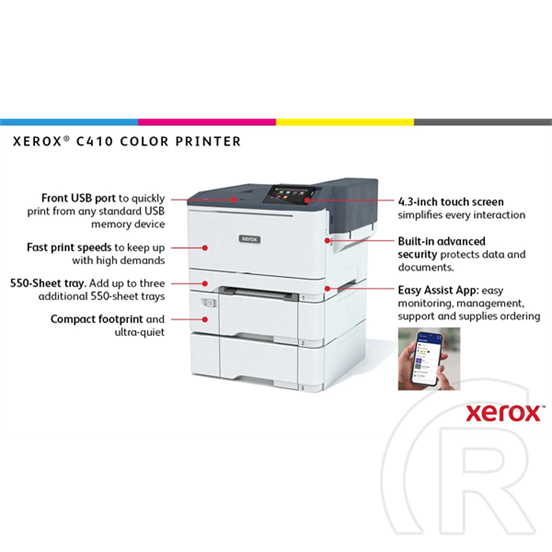 Xerox C410 (A4, színes, 40 lap/perc, duplex, 125000 nyomat/hó, 1 GB, LAN/USB/WiFi, 1200x1200 dpi, 250 lap tálca)
