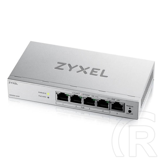 ZYXEL GS1200-5HPV3 switch (5-port Gigabit, 4x PoE+, PoE 60W, fémházas, asztali, webes menedzselés, ventilátormentes)
