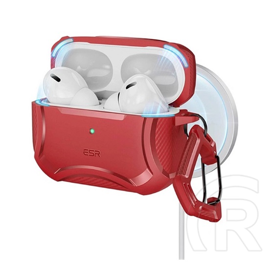 cyber armor halolock szilikon tok (karbon minta + karabíner, magsafe) piros apple airpods pro 1-2