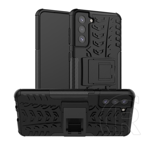 műanyag telefonvédő (közepesen ütésálló, Samsung Galaxy S21 Plus (SM-G996) szilikon belső, autógumi minta) fekete